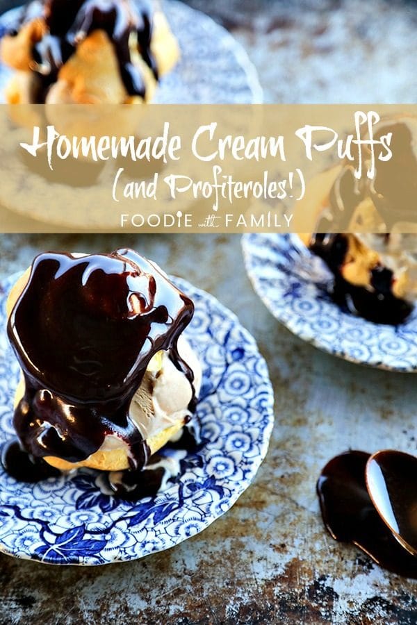 Homemade Cream Puffs filled with ice cream and topped with hot fudge sauce for profiteroles, plus a bonus tip on how to freeze choux pastry ahead of time for almost instant cream puffs!