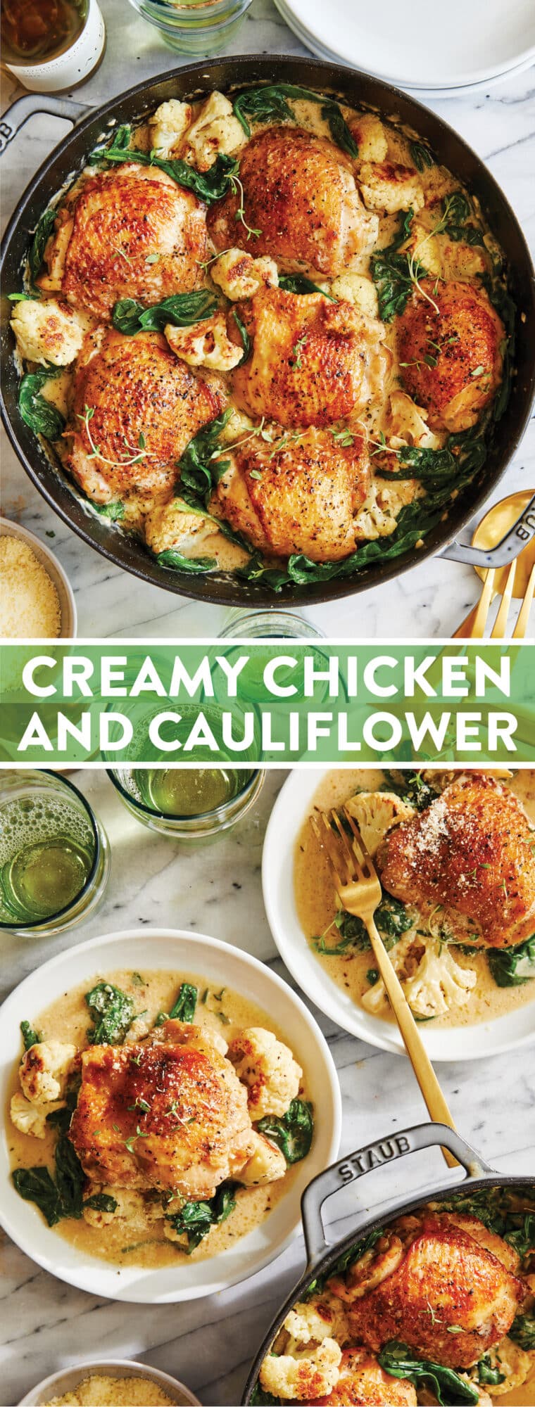 Creamy Chicken and Cauliflower - Tender, juicy golden-brown chicken cooked in a heavenly cream sauce with roasted cauliflower + baby spinach!