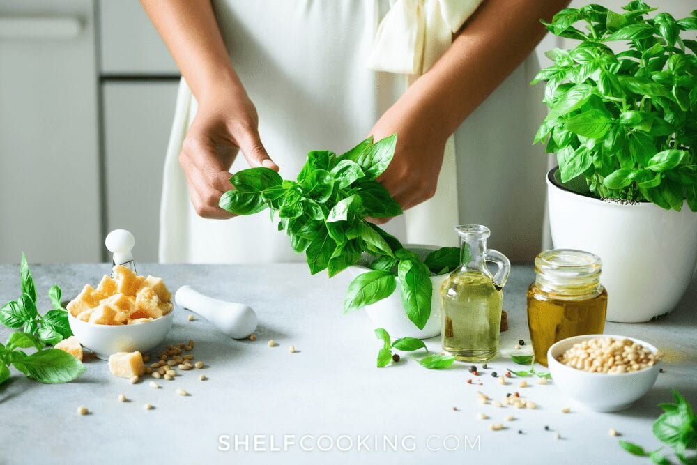 On sunny spring day in the village, two young women gathered herbs from the yard and prepared lavash