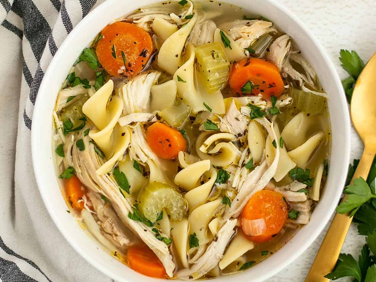 Close up overhead view of a bowl of chicken noodle soup.