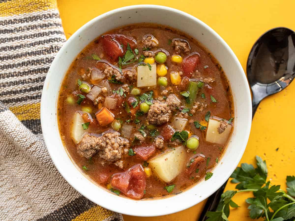 Overhead view of a bowl of vegetable beef soup.