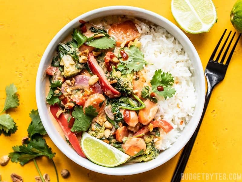 A bowl of Spicy Coconut Vegetable Stir Fry ready to be eaten.