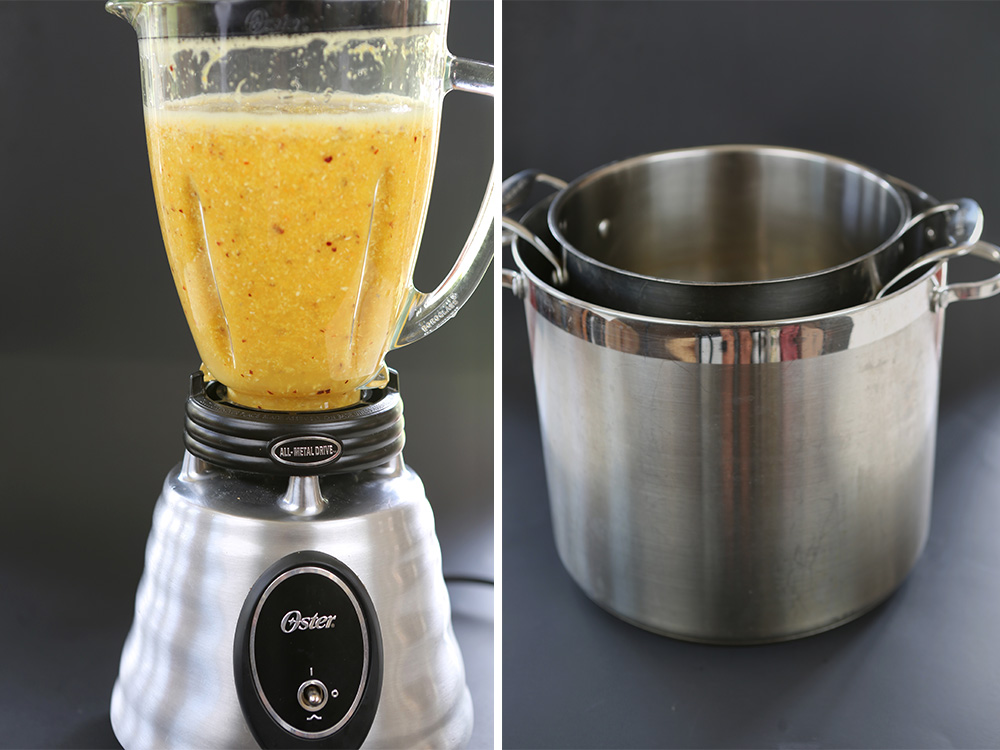 Left: Blending the cider ingredients; Right: Large homemade double boiler