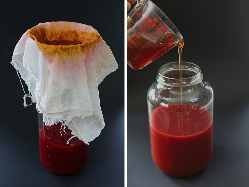 Left: Straining with a ceramic coffee strainer and straining cloth; Right: Adding the honey to the strained cider