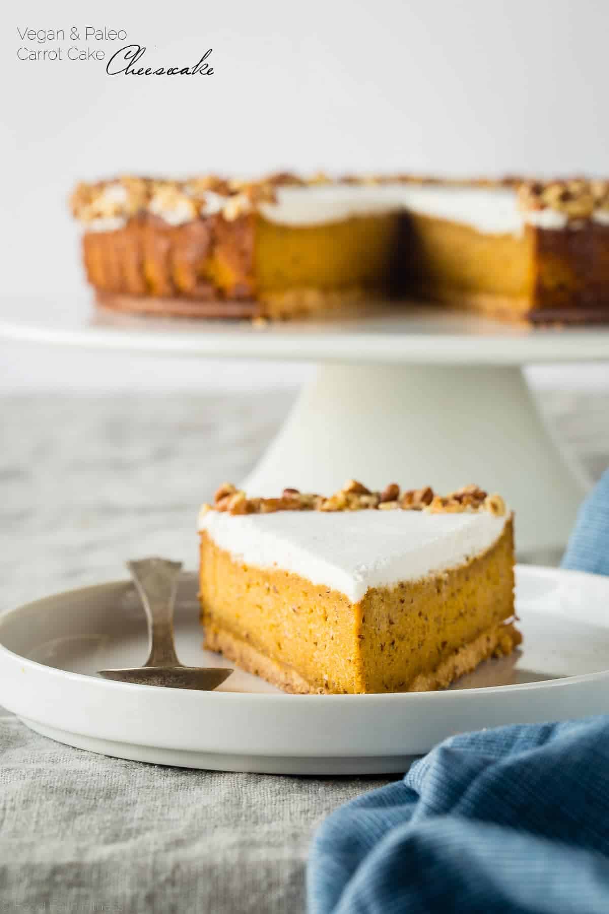 Gluten Free Paleo And Vegan Carrot Cake Cheesecake - This super easy, rich, creamy, paleo and vegan friendly cheesecake tastes like carrot cake but is secretly dairy, gluten, egg and refined sugar free and healthy! Perfect for Easter! | Foodfaithfitness.com | @FoodFaithFit