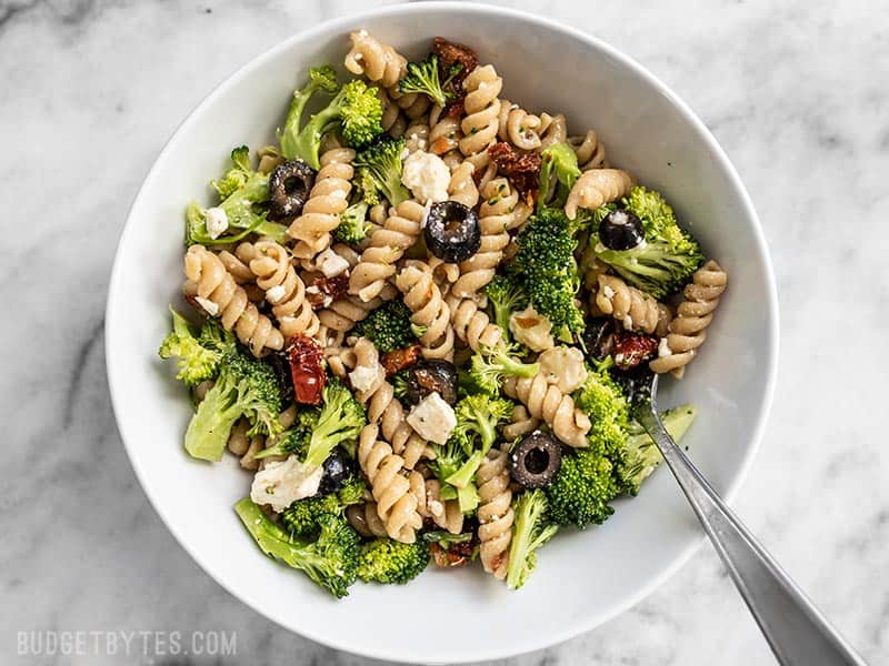 Overhead view of a bowl of "Sweep the Kitchen" Pasta Salad