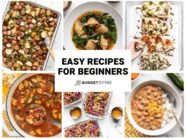 Collage of six images of recipes for beginner cooks.