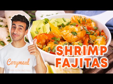 SIZZLING Shrimp Fajitas Recipe Served With Avocado, Lime and Crema!