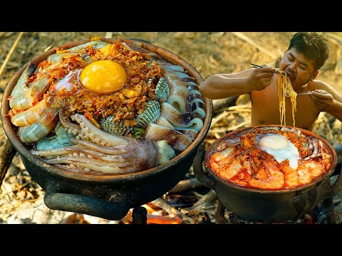 Wilderness Cooking Skill | Steam Seafood Noodle In Pot Eating So Delicious.