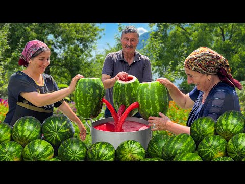 Cooking Delicious Watermelon Jam And Juice Together With Grandma! Homemade Sweetness