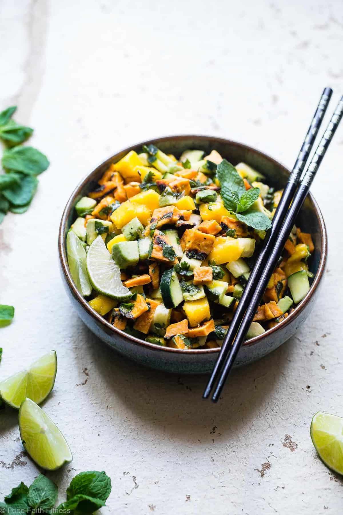 Thai Mango Avocado Salad with Grilled Sweet Potatoes - Loaded with sweet mango, tangy lime juice and creamy avocado, this is an EASY, healthy summer side that is sure to please! Gluten free, vegan, paleo and whole30 friendly too! | #Foodfaithfitness | #Whole30 #Glutenfree #Vegan #Paleo #Dairyfree