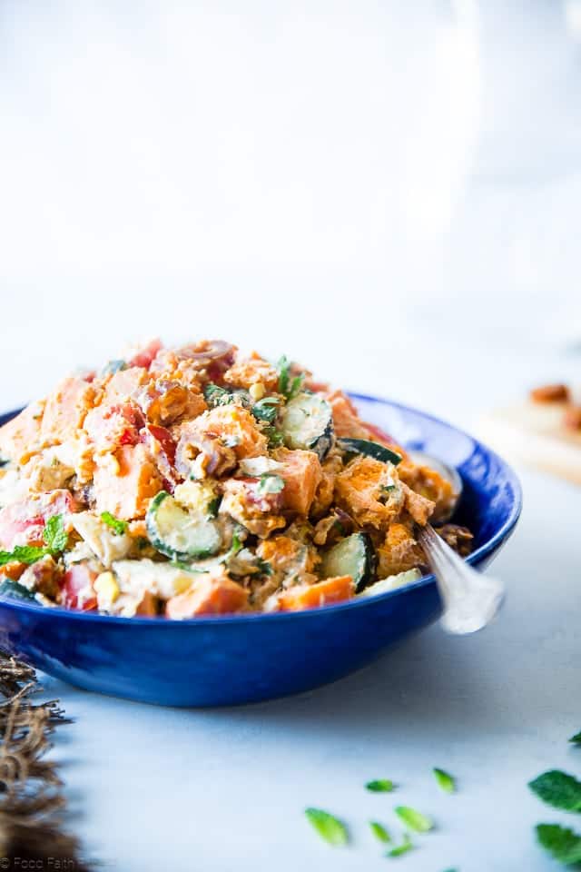 Whole30 Moroccan Sweet Potato Salad - This easy paleo Moroccan Sweet Potato Salad is loaded with the spicy-sweet flavor of the Middle-East! It's a healthy, dairy-free summer side dish with a vegan option! | Foodfaithfitness.com | @FoodFaithFit