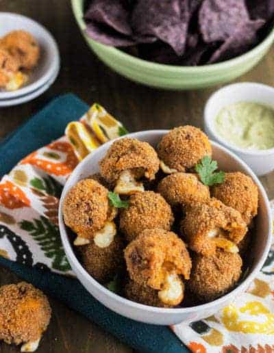 50 Calorie Cheesy Buffalo Chicken Potato Poppers with Avocado Ranch Dip {Low fat, High Protein, GF}