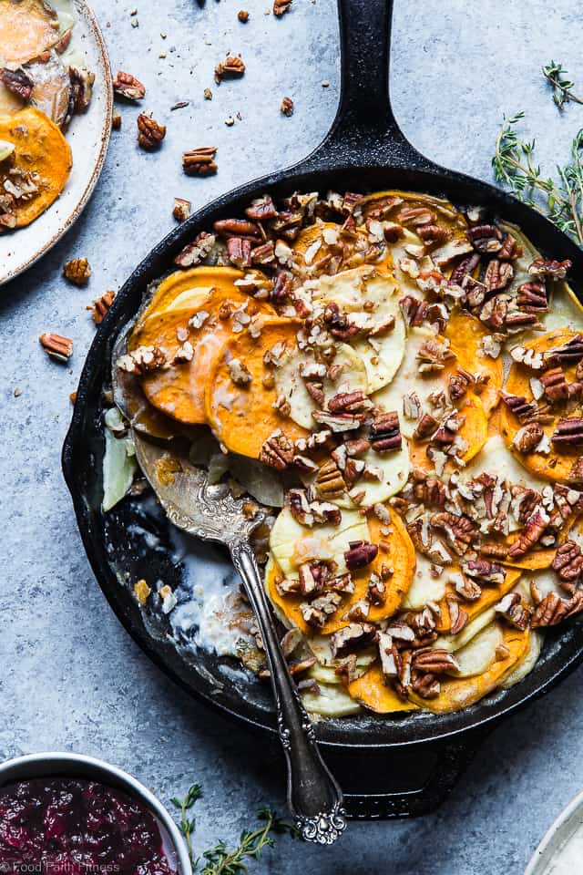 Healthy Scalloped Sweet Potatoes Casserole - So rich and creamy, you will never believe it's gluten free and paleo/vegan/whole30 compliant! Perfect for a healthy Thanksgiving! | Foodfaithfitness.com | @FoodFaithFit