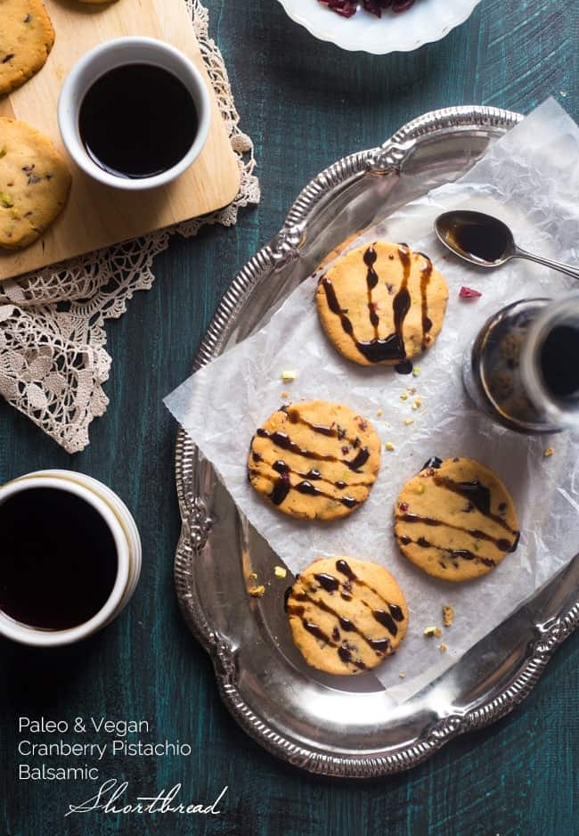 Vegan + Paleo Cranberry Pistachio Shortbread Cookies with Balsamic Reduction - Gluten free shortbread cookies with crunchy pistachios, chewy cranberries and tangy balsamic reduction! They're a healthy cookie for Christmas! | Foodfaithfitness.com | @FoodFaithFit