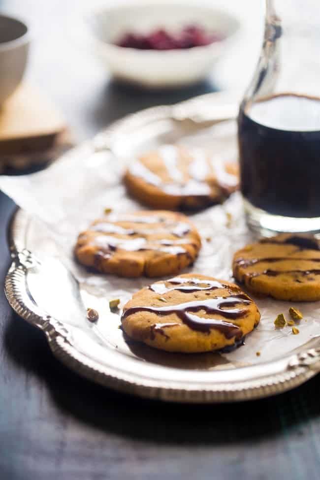 Vegan + Paleo Cranberry Pistachio Shortbread Cookies with Balsamic Reduction - Gluten free shortbread cookies with crunchy pistachios, chewy cranberries and tangy balsamic reduction! They're a healthy cookie for Christmas! | Foodfaithfitness.com | @FoodFaithFit