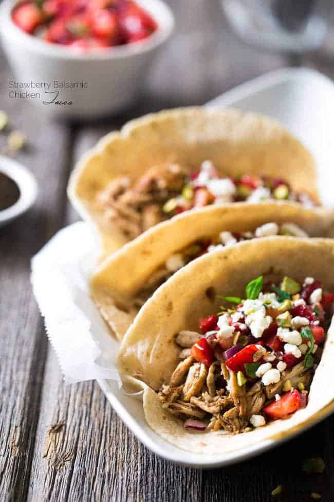 Chicken Tacos with Goat Cheese & Strawberry Salsa - An easy, weeknight dinner that is super healthy , unique and sure to please! | Foodfaithfitness.com | @FoodFaithFit