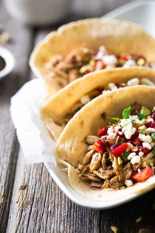 Chicken Tacos with Goat Cheese & Strawberry Salsa - An easy, weeknight dinner that is super healthy , unique and sure to please! | Foodfaithfitness.com | @FoodFaithFit