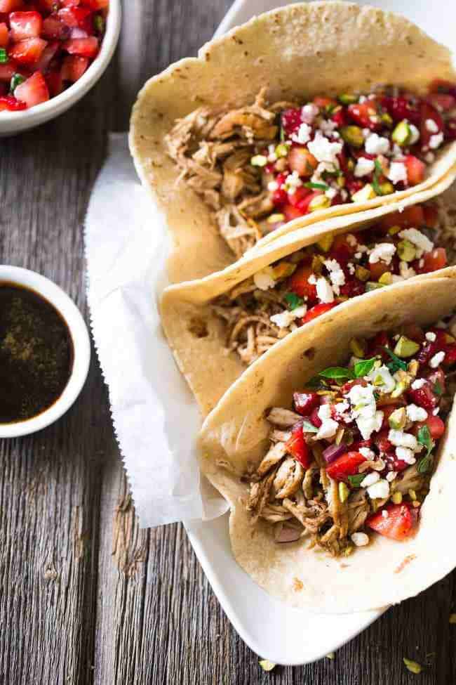 Chicken Tacos with Goat Cheese & Strawberry Salsa - An easy, weeknight dinner that is super healthy , unique and sure to please! | Foodfaithfitness.com | @FoodFaithFit