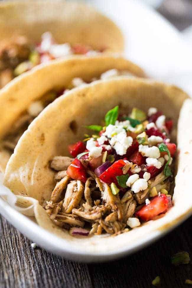 Chicken Tacos with Goat Cheese & Strawberry Salsa - An easy, weeknight dinner that is super healthy , unique and sure to please! | Foodfaithfitness.com | @FoodFaithFit