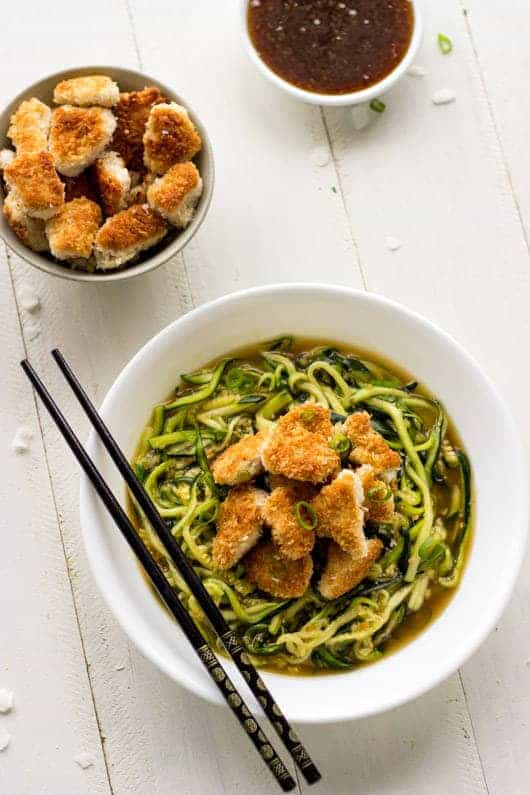 Coconut Honey Garlic Chicken and Zoodles - Crispy, Crunchy and Healthy! | Foodfaithfitness.com | #recipe #chicken #zucchininoodles