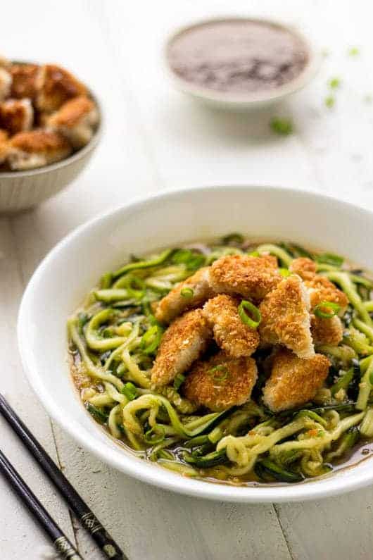 Coconut Honey Garlic Chicken and Zoodles - Crispy, Crunchy and Healthy! | Foodfaithfitness.com | #recipe #chicken #zucchininoodles