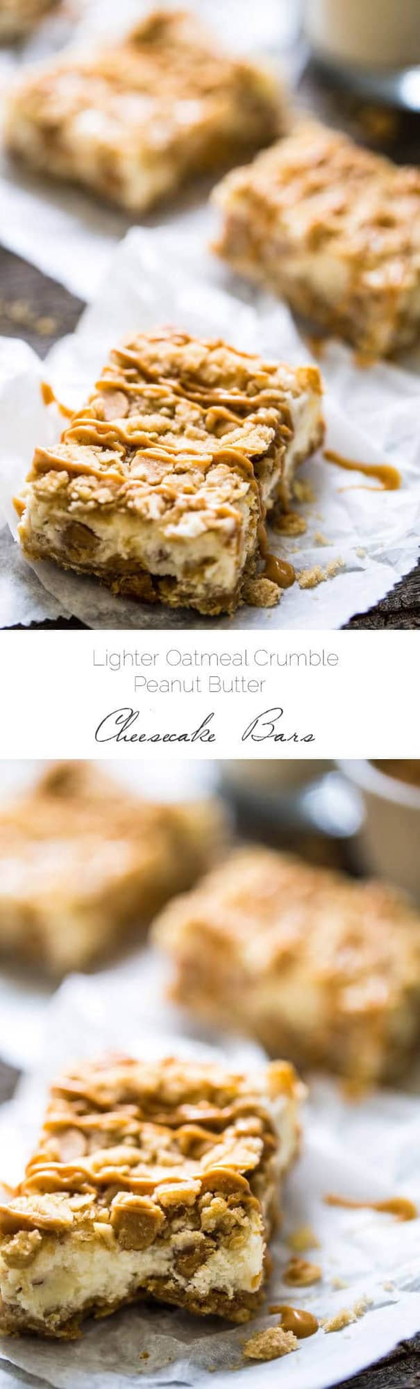 Healthier Oatmeal Crumble Peanut Butter Cheesecake Bars - SO easy to make and always a hit at gatherings! So creamy that you would never know they're lightened up with Greek yogurt and whole wheat flour! | Foodfaithfitness.com | @FoodFaithFit