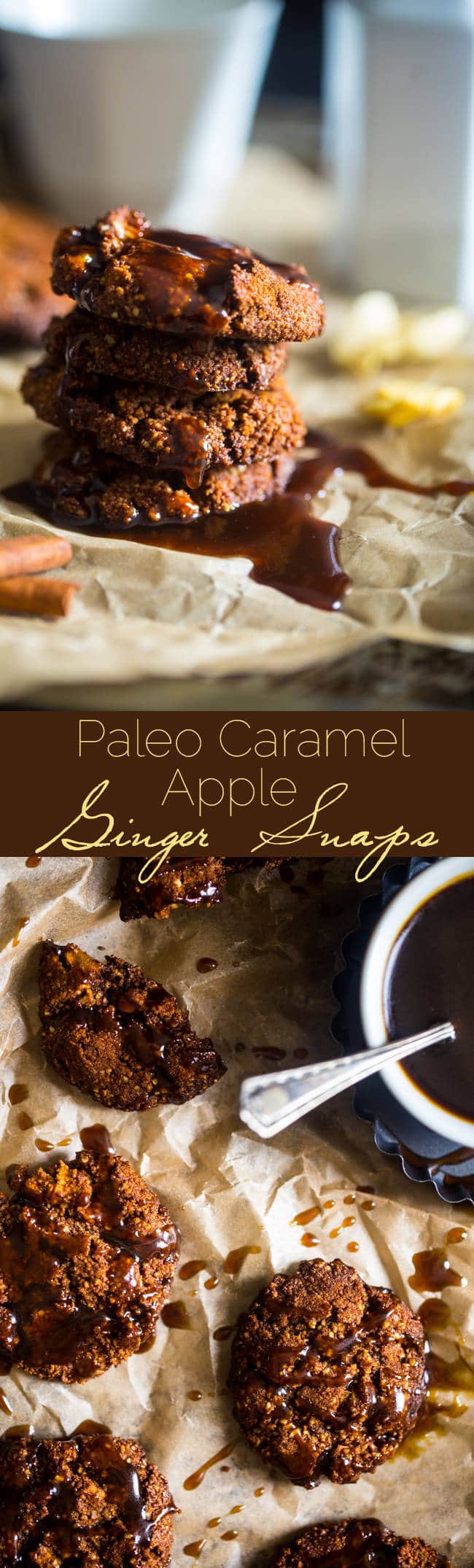 Paleo Caramel Apple Ginger Snaps - This healthy ginger snap recipe is mixed with dried apples and drizzled with caramel sauce for a paleo-friendly twist on the classic fall or Christmas cookie! | Foodfaithfitness.com | @FoodFaithFit