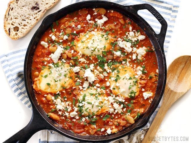 Smoky White Bean Shakshuka makes the BEST breakfast for dinner! BudgetBytes.com