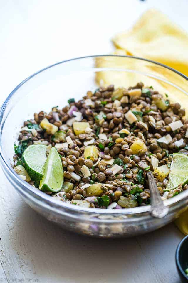 Caribbean Lentil Salad - This easy, healthy cold lentil salad recipe has a Caribbean-inspired, tropical twist! It's a vegan-friendly, gluten free meal that's packed with plant-based protein! Make-ahead friendly and great for meal prep! | #Foodfaithfitness | #Vegan #Healthy #Plantbased #Salad #Healthy