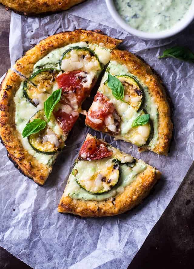 Cauliflower Pizza with Greek Yogurt Pesto 