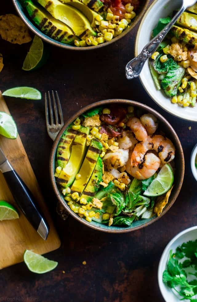 Honey Lime Grilled Avocado Shrimp Nacho Bowl