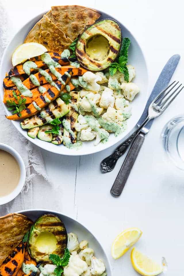 Tahini Grilled Avocado and Cauliflower Power Bowl 