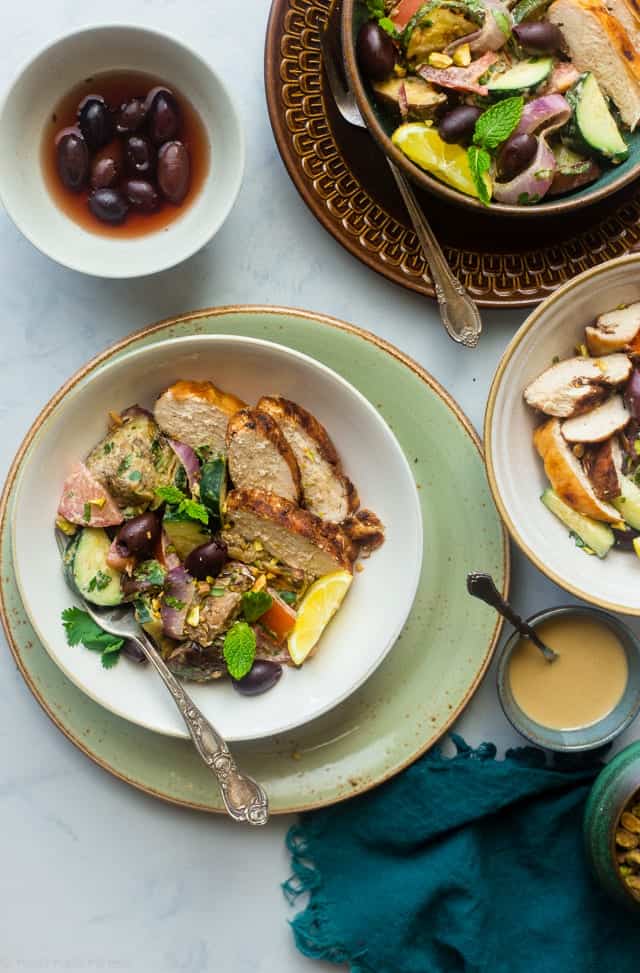 Paleo Grilled Moroccan Chicken Bowls - These grilled Moroccan chicken bowls are loaded with charred veggies, creamy tahini and spicy chicken! They're a quick and easy dinner that's paleo friendly and Whole30 compliant! | Foodfaithfitness.com | @FoodFaithFit