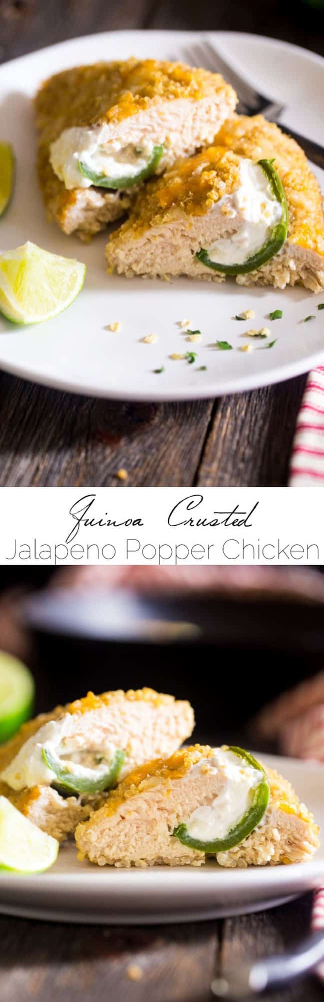 Quinoa Crusted Jalapeno Popper Chicken - This crowd-pleasing chicken tastes like the popular party food, but is made healthy and gluten free with a quinoa crust! Perfect for busy, weeknight meals! | Foodfaithfitness.com | @FoodFaithFit