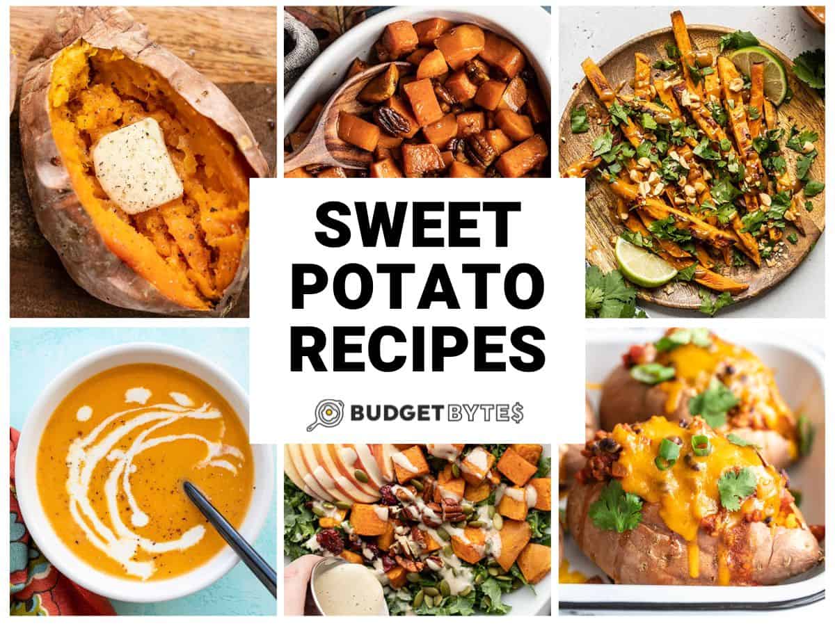 Collage of six sweet potato recipes with title text in the center.