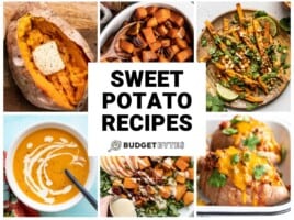 Collage of six sweet potato recipes with title text in the center.