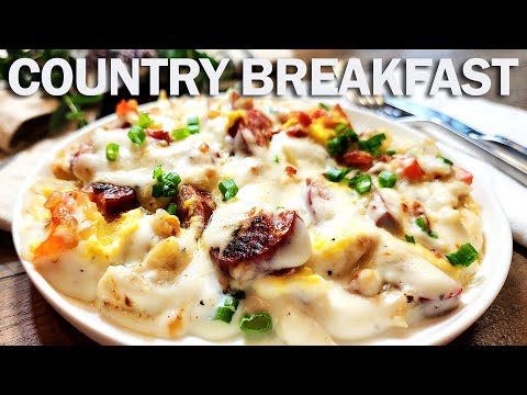 Ultimate Country Breakfast Kielbasa Skillet: Hash Browns, Scrambled Eggs and Creamy Gravy