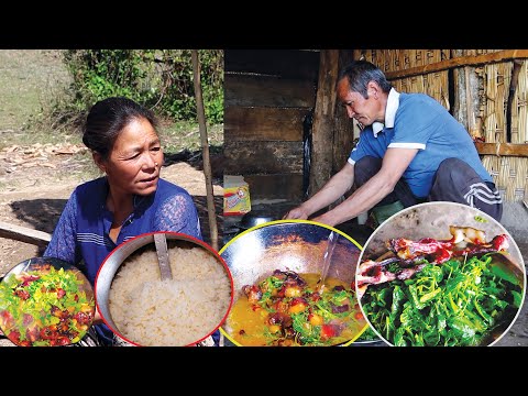 jungle man & wife cooking chayote shoot & Pork curry recipe