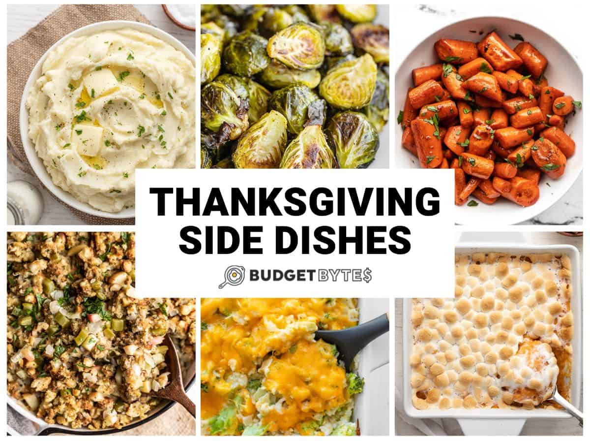 Collage of six Thanksgiving side dishes with title text in the center.