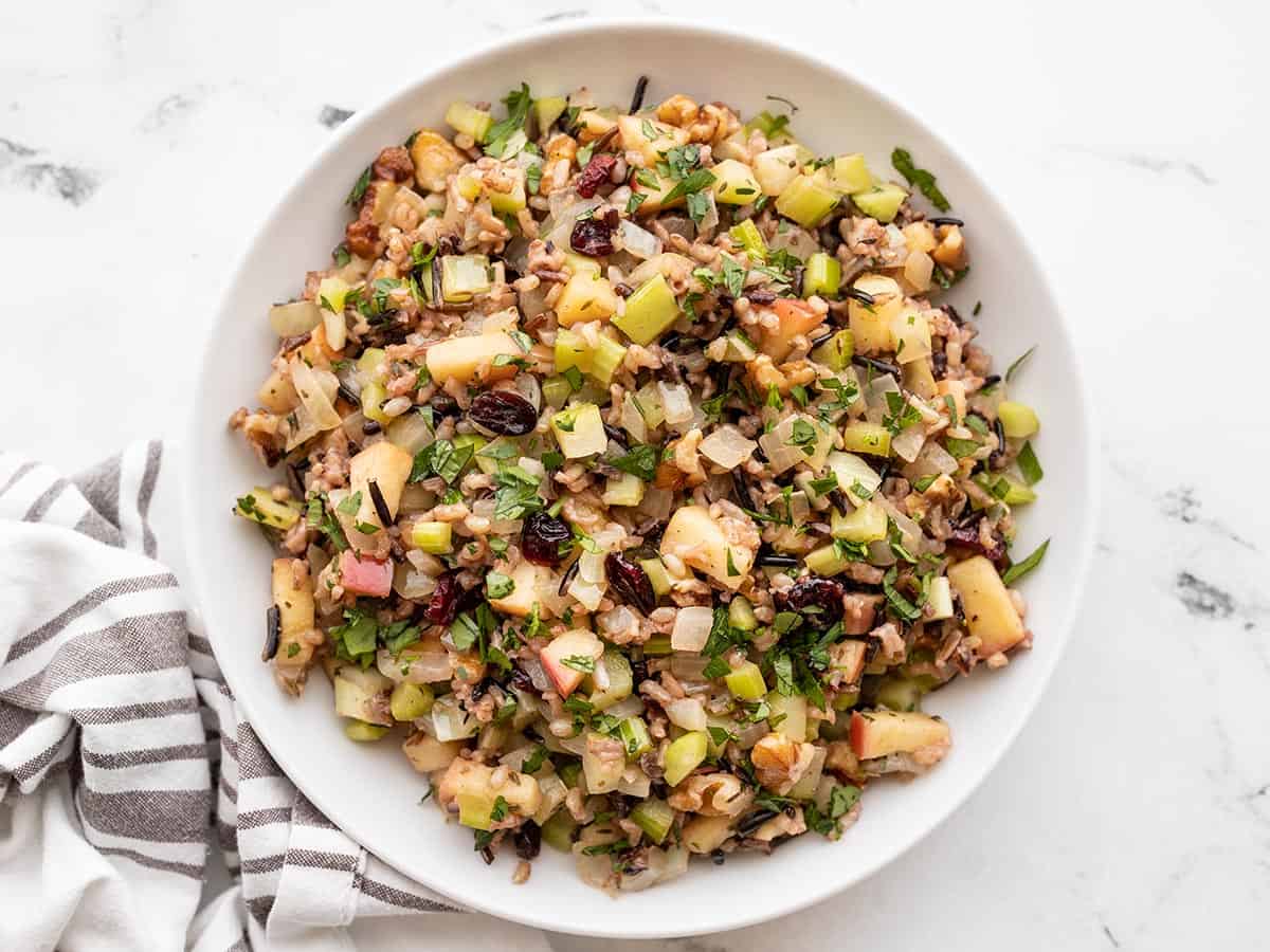 Overhead view of a bowl of wild rice pilaf