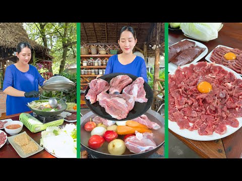 Mommy Chef cook fruit healthy soup with pig born and beef egg and eat - Cooking with sros