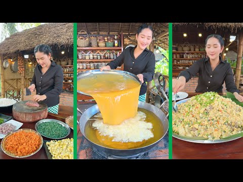 Mommy Sros Cook Egg in pan, stir fry cooked rice with green bean - Cooking with Sros