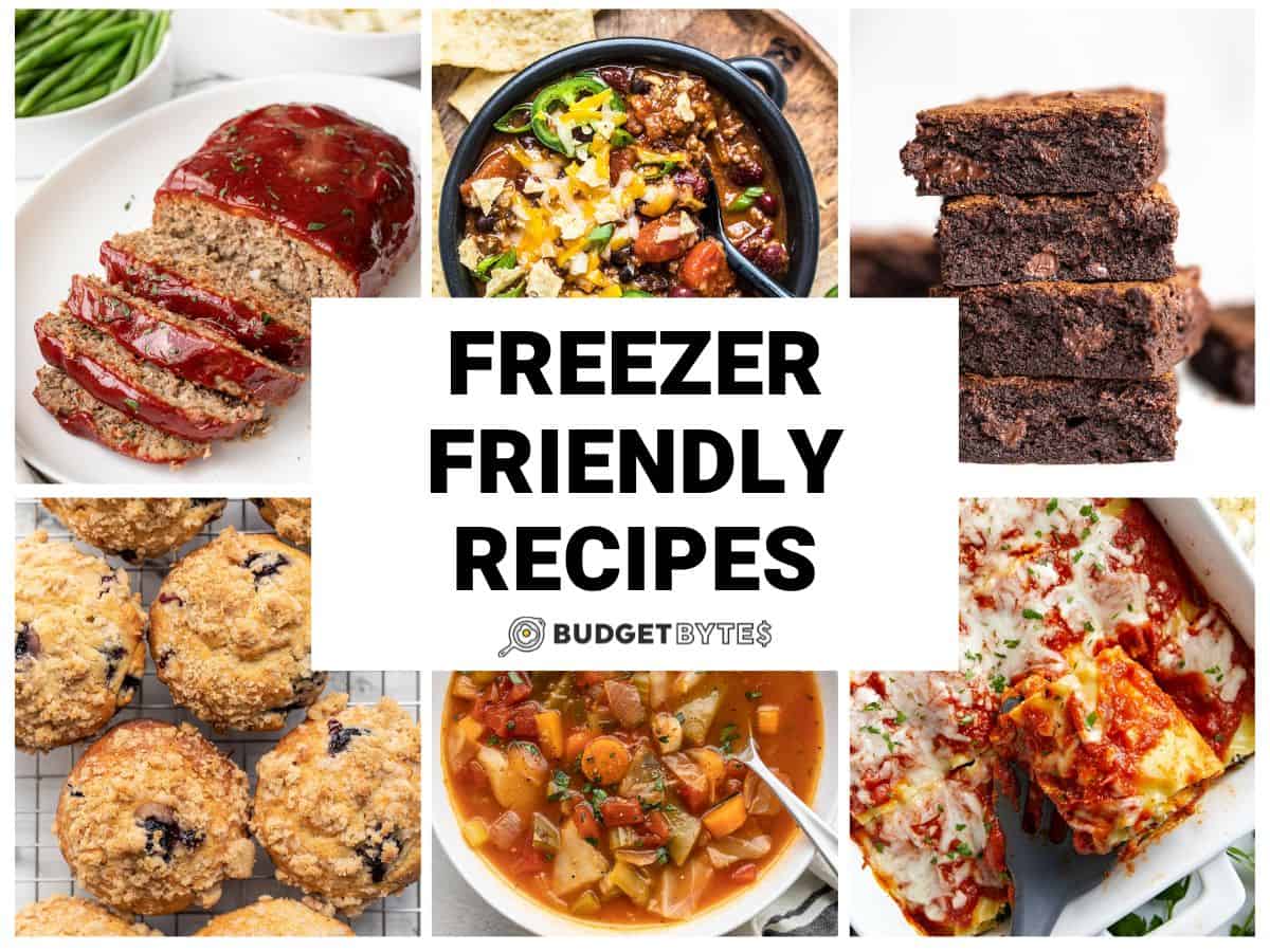 Collage of six freezer friendly recipes with title text in the center.