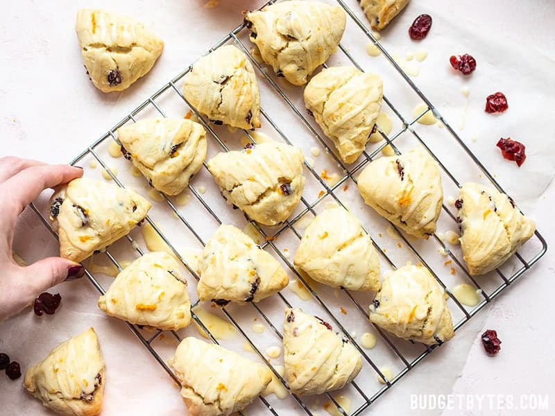 A hand taking one Cranberry Orange Cream Scone from the batch on a cooling rack.