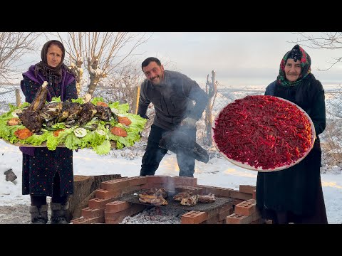 SNOWY WINTER IN THE CAUCASIAN VILLAGE | GRANDMA COOKING BEEF ON FIRE STOVE