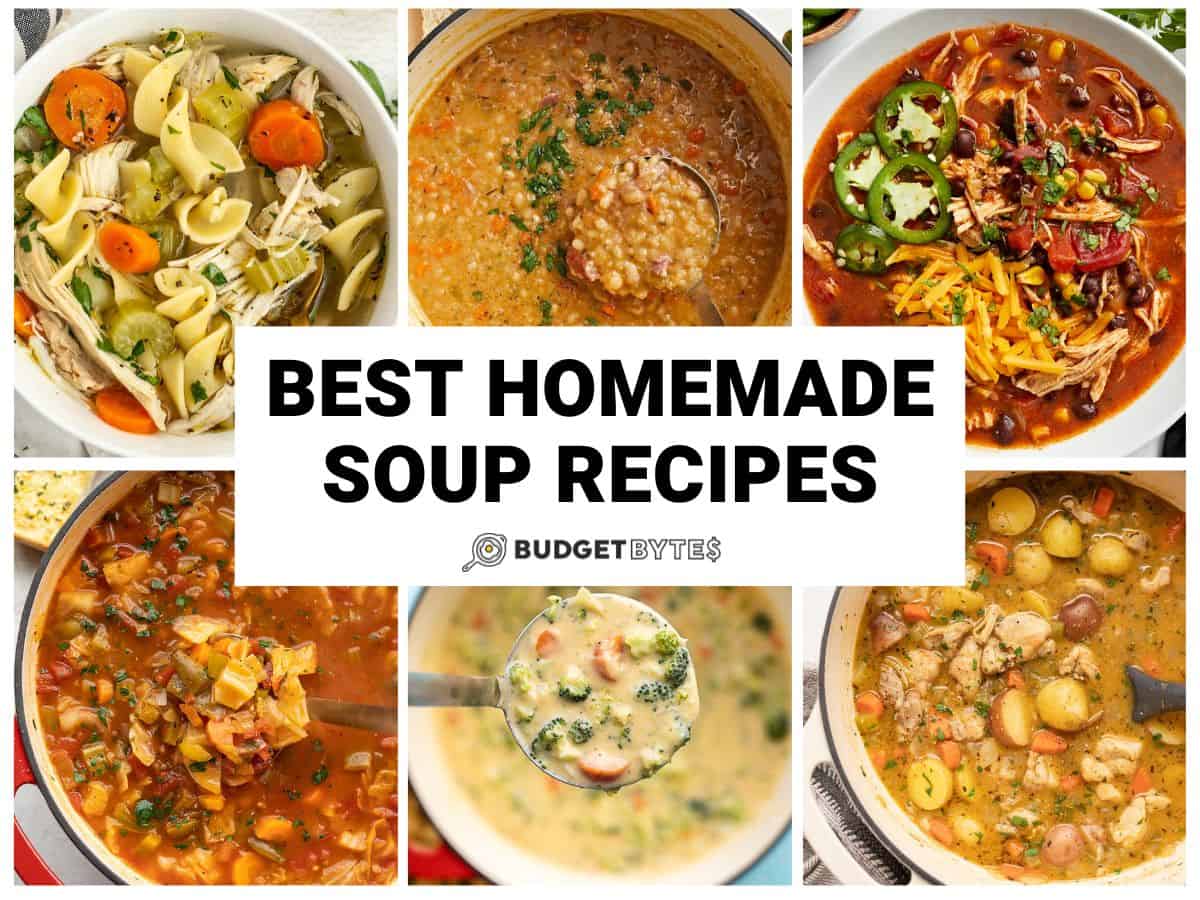 Collage of six soup recipes with title text in the center.