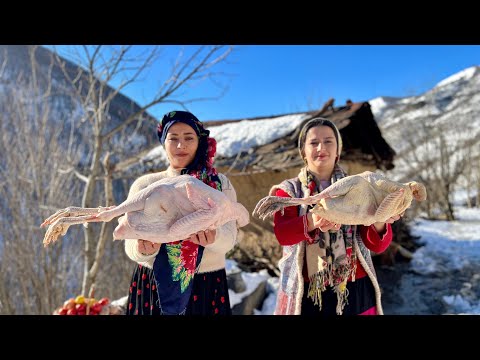 Cooking Turkey Broth and Baking Bread on Iron Plate in Snowy Weather